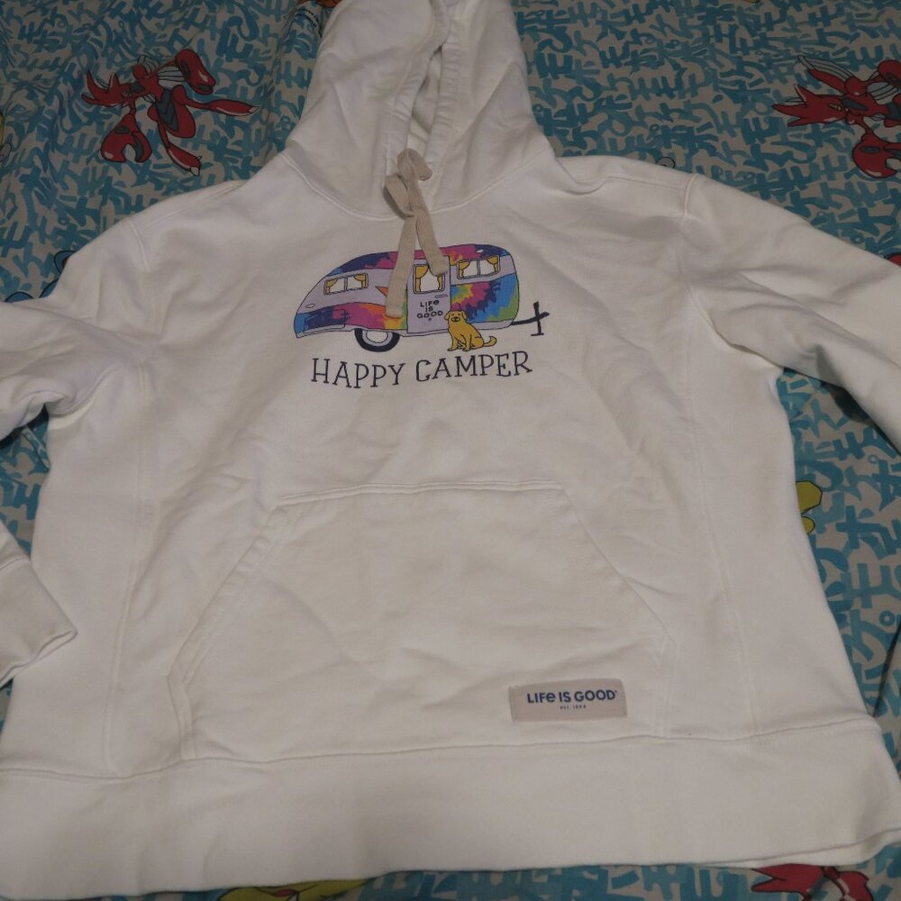 Life is Good Women's Tie Dye Happy Camper Simply True Fleece Hoodie Cloud White